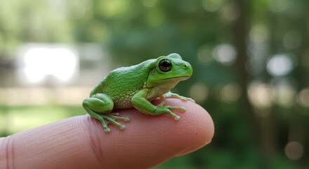 Naklejka premium A tiny green tree frog sits perched on the tip of a human finger, outdoors.