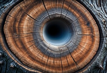 Naklejka premium Tree trunk cross-section with natural patterns and textures showing concentric rings and hollow center