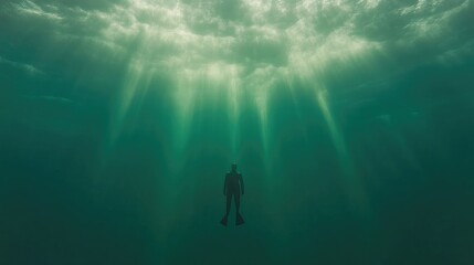 Obraz premium Silhouette of a diver floating in deep green ocean water under bright sunbeams filtering from the surface.
