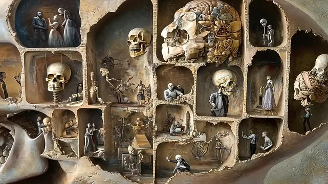 Human Skull with Compartments Revealing Life's Journey and Memories Within