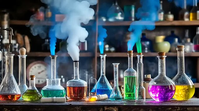 Mysterious laboratory setup with beakers, flasks, and bubbling chemical reactions