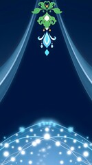A rich, deep blue backdrop evokes a serene dreamscape, featuring an elegant green, white, and turquoise ornamental motif at the top and luminous