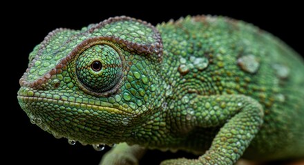 Obraz premium Detailed close-up of a green chameleon with water droplets on its textured skin.