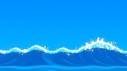 A vibrant light blue sky meets dynamic, stylized ocean waves in varying shades of blue, topped with white foam and splashes, conveying a sense of movement and the invigorating power of the sea.