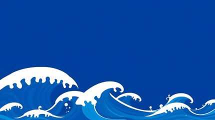 A vibrant deep blue background showcases a series of stylized white ocean waves in various sizes, creating a sense of motion and energy. The simple yet dynamic illustration 