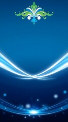 A vibrant blue gradient backdrop features a decorative green, white, and blue floral flourish at the top, complemented by dynamic, glowing white and blue abstract waves and bokeh lights at the bottom