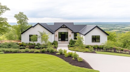 Obraz premium A modern white farmhouse with a black roof sits on a beautifully landscaped hill overlooking a scenic green valley.