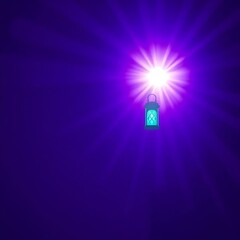 A glowing turquoise lantern emanates a powerful white light against a deep violet backdrop, creating a striking contrast. 