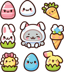 Cute Kawaii Cartoon Easter Elements. Simple Clipart Sticker Set Collection