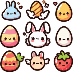 Naklejka premium Cute Kawaii Cartoon Easter Elements. Simple Clipart Sticker Set Collection