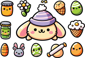 Fototapeta premium Cute Kawaii Cartoon Easter Elements. Simple Clipart Sticker Set Collection