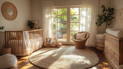 Eco friendly nursery with sustainable wooden toys organic bedding and a natural fiber rug shot with ambient lighting to emphasize the eco friendly elements