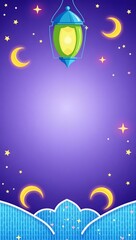 A vibrant purple canvas sets the stage for a glowing turquoise and yellow lantern, surrounded by golden crescent moons and twinkling stars.