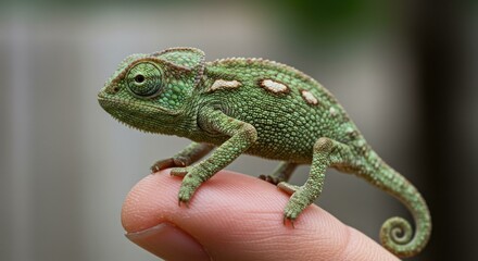 Obraz premium Close-up of a green chameleon perched on a human fingertip.