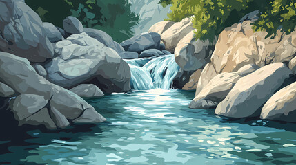 Mountain stream flows between rocks, clear water, sunny day, nature background, travel. Dazed Current. Illustration
