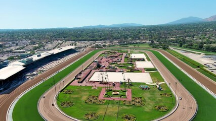 aerial footage of Santa Anita Park racetrack in Arcadia California USA