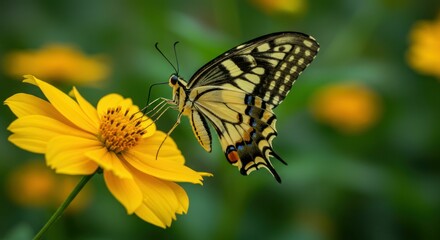 Obraz premium A swallowtail butterfly rests on a vibrant yellow flower in a lush garden.