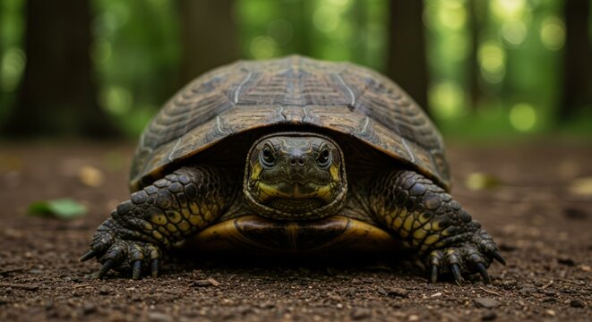 Close-up of a box turtle on a forest floor, looking directly at the camera.