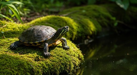 Obraz premium A turtle basking on moss near a pond, surrounded by nature's serenity.
