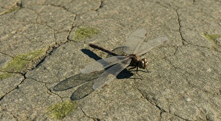 A dragonfly rests on a cracked, sunlit concrete surface.