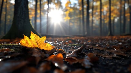 Golden leaf on autumn forest floor bathed in sunlight