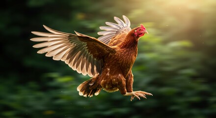Fototapeta premium A brown chicken in flight, wings spread against a blurred green background.