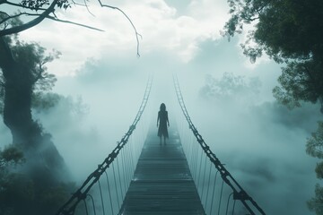 Obraz premium You walk on a bridge in a foggy place. The place is strange and beautiful.
