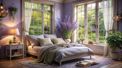 Cozy Bedroom with Lavender Walls and Natural Light Bringing Serenity