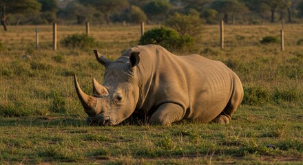 A rhino rests peacefully in a grassy field, bathed in the warm light.