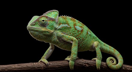 Obraz premium Close-up of a vibrant green chameleon perched on a branch.