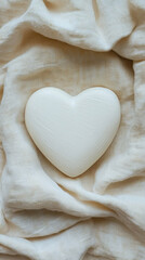Obraz premium A white heart shaped soap is placed on a white cloth. The heart is surrounded by a white cloth, which gives the impression of a soft and gentle touch. The soap is placed in the center of the cloth
