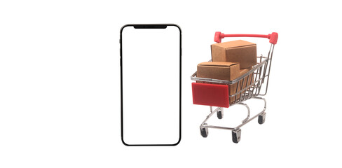 Shopping cart animation with smartphone display e-commerce setting digital image minimalistic environment front view online retail concept