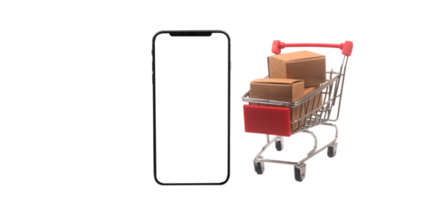Shopping cart animation with smartphone display e-commerce setting digital image minimalistic environment front view online retail concept