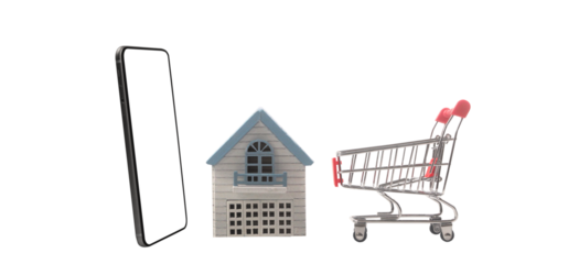 Online shopping experience mobile phone miniature house shopping cart digital marketplace minimalist setup e-commerce concept