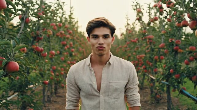 Young adult in an apple orchard standing between rows of trees laden with ripe red fruits, wearing a beige unbuttoned shirt