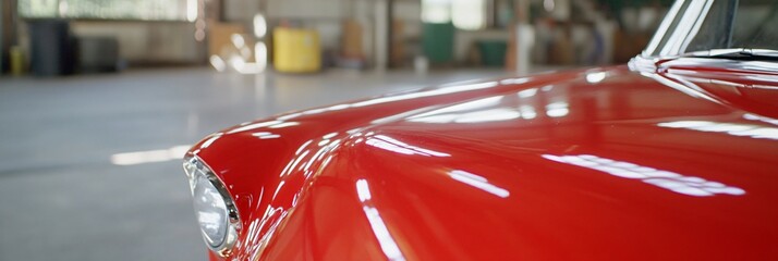 Red Car Hood Shiny Closeup Transportation Vehicle