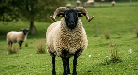 Obraz premium Blackface sheep portrait in a green field, looking at the viewer.