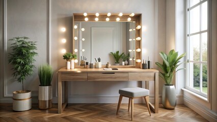 Elegant Minimalist Makeup Station with Large Mirror and Plants