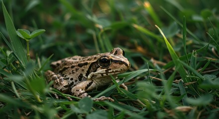 Obraz premium A small brown frog with spots sits camouflaged in a patch of green grass.