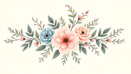 Beautifully composed floral arrangement with pink and blue flowers and lush foliage. This vintage-style bouquet vector is perfect for wedding designs, spring themes, and elegant decorative composition