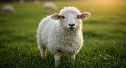Fototapeta premium A fluffy lamb stands in a grassy field basking in the golden sunlight.