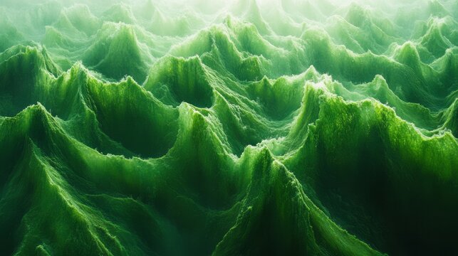 Lush green mountain range is captured in a dramatic aerial view