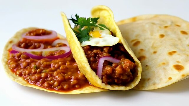 Delicious Close Up Tacos with Meat and Red Onions Served on Crispy Yellow Shell Cilantro Garnish and Soft Tortilla in White Background Perfect for Menu Presentation