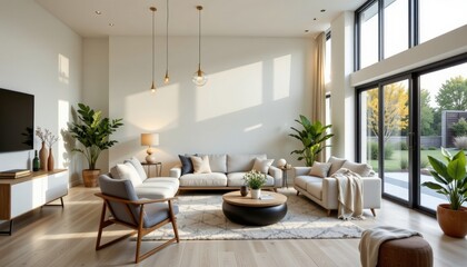 Fototapeta premium Bright modern living room with large overlooking garden minimalist design cozy sofa and indoor plants natural light du daytime