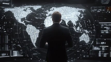 Businessman in suit stands before a digital world map