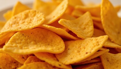 Close-up of crispy golden potato chips with a textured surface and light seasoning, piled together on a plain background for snack or food photography