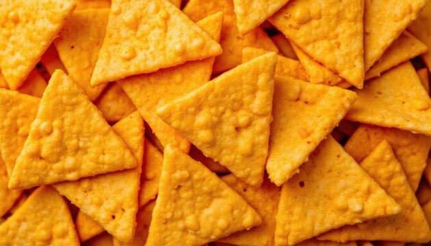 Close-up of numerous crispy crunchy triangular snack chips with golden yellow color and textured surface piled together on a surface for snack food concept