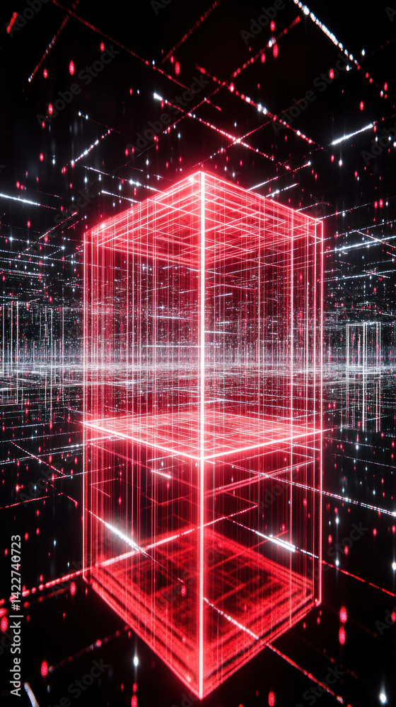 Poster a red cube is lit up in a dark room. the cube is surrounded by a red and white grid. the cube is the