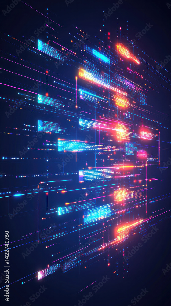 Poster a colorful, abstract image of lines and dots that appear to be connected in a pattern. the image has