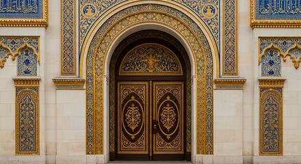 Fototapeta premium Ornate wooden doors with golden details and archway surrounded by intricate mosaic tilework design